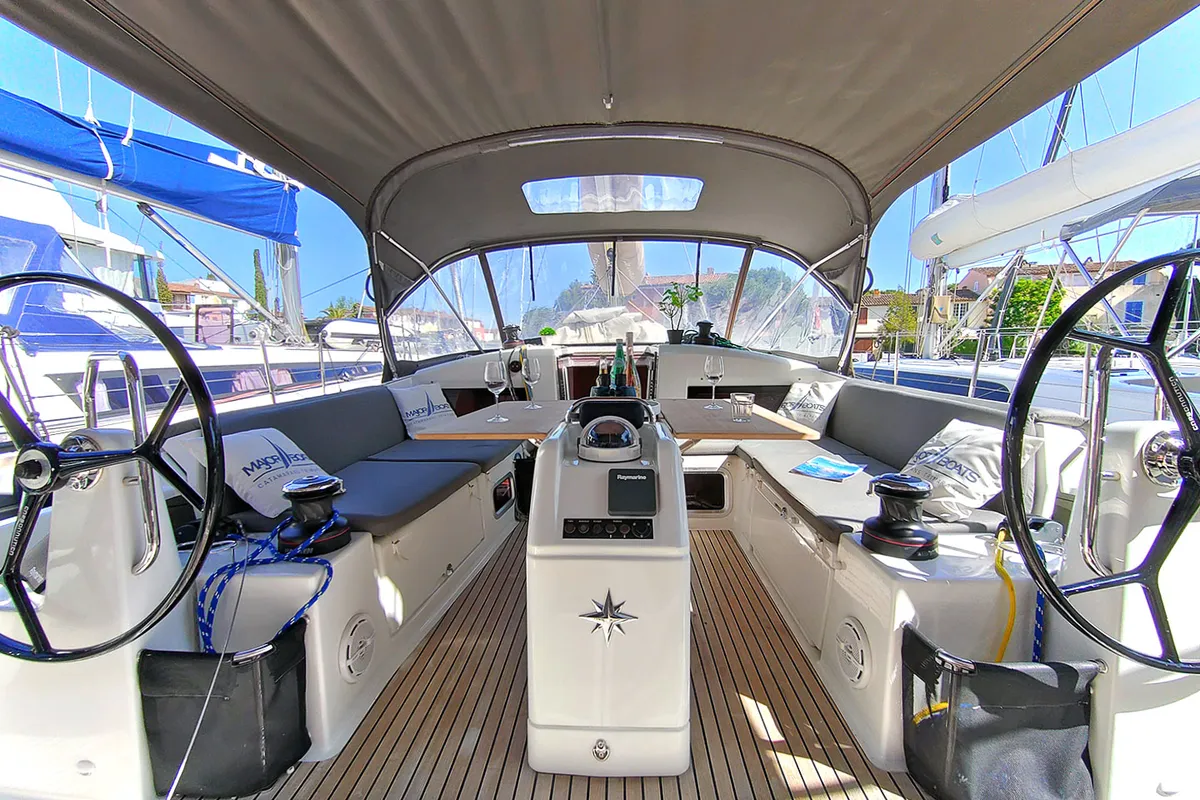 Cockpit of Sterenn, a Jeanneau Sun Odyssey 440 sailboat at Grimaud, France