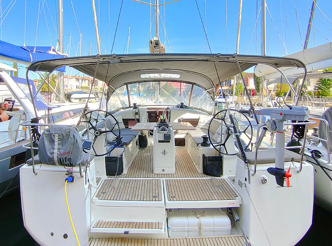 Cockpit of Sterenn, a Jeanneau Sun Odyssey 440 sailboat at Grimaud, France