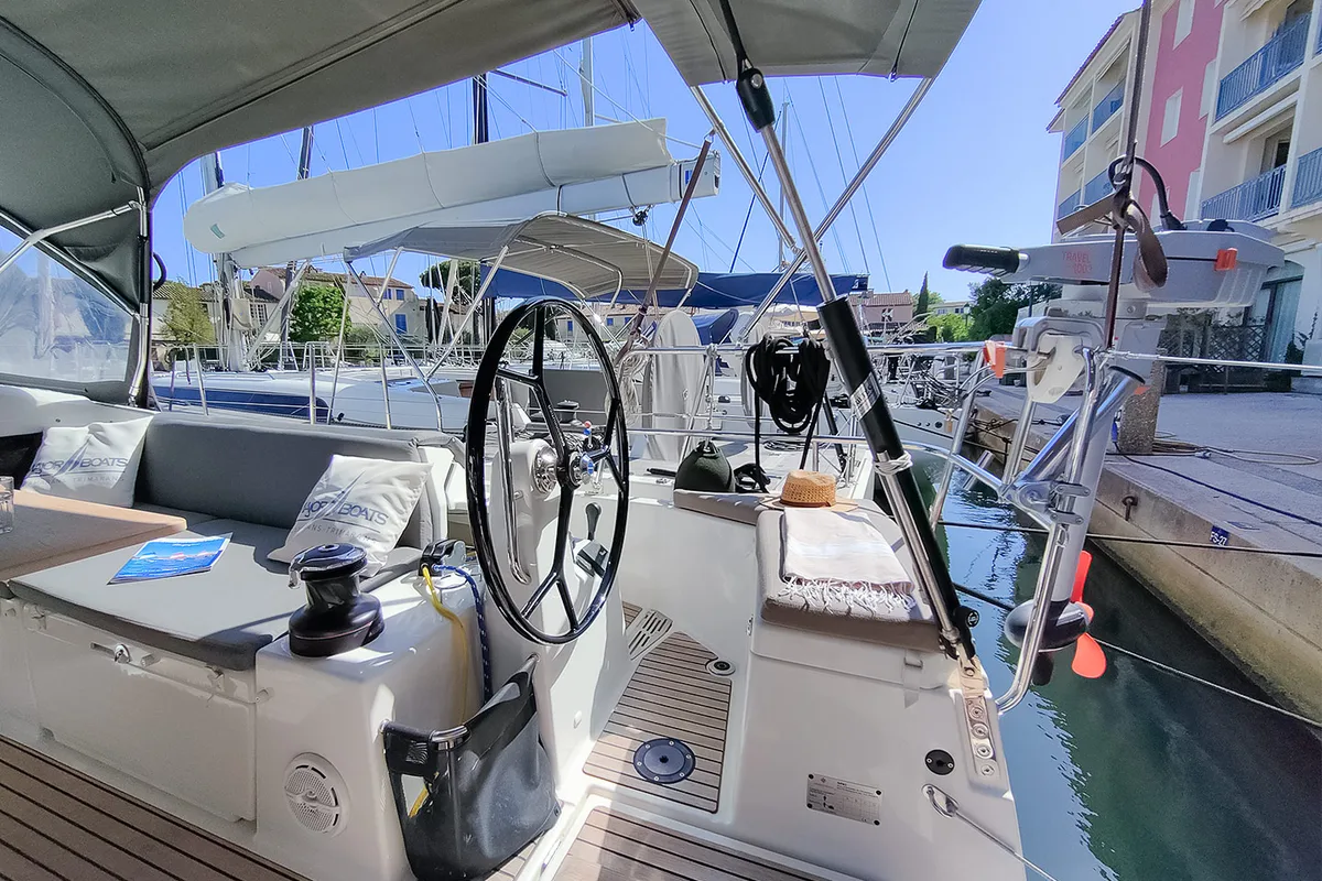 Cockpit of Sterenn, a Jeanneau Sun Odyssey 440 sailboat at Grimaud, France