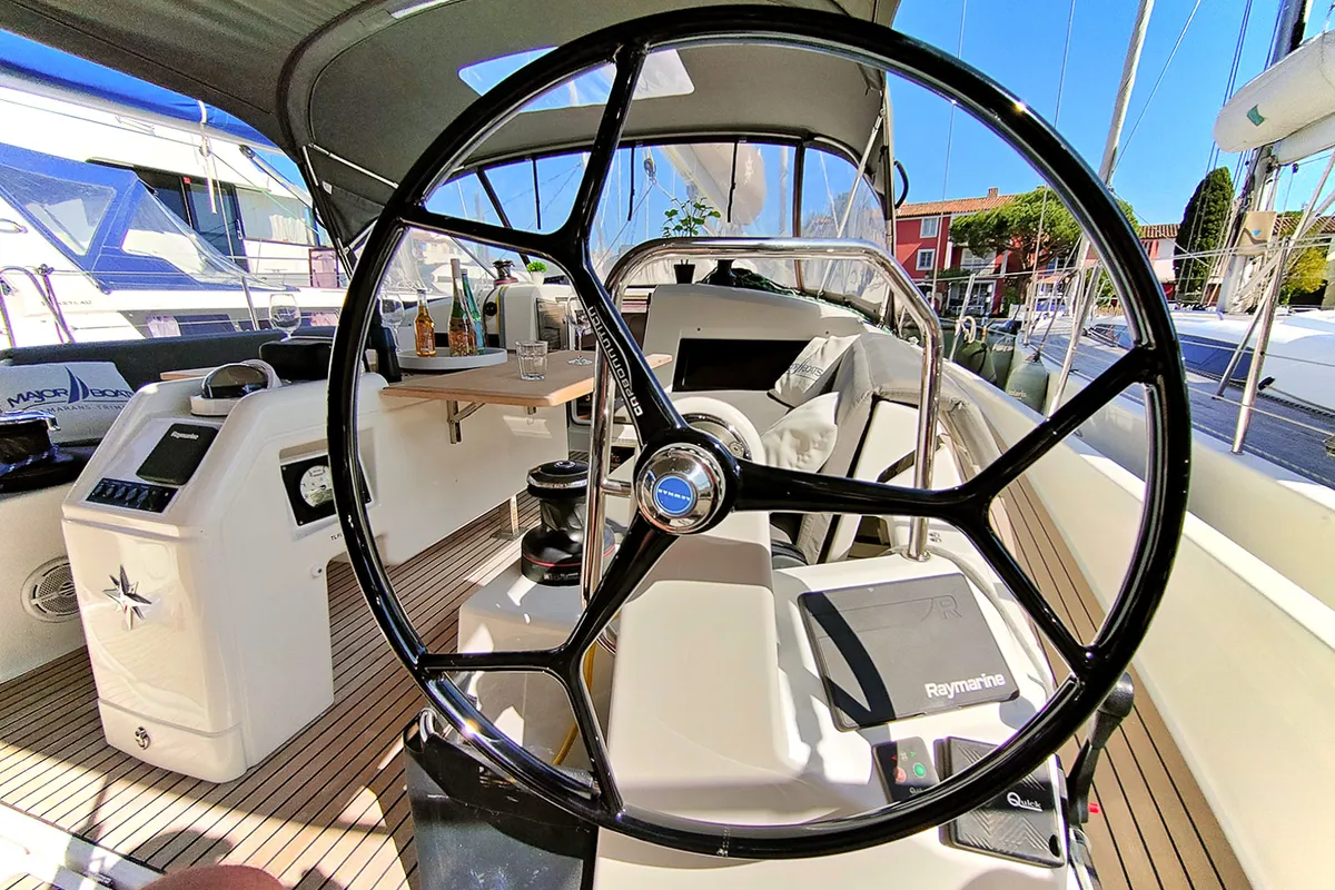 Cockpit of Sterenn, a Jeanneau Sun Odyssey 440 sailboat at Grimaud, France
