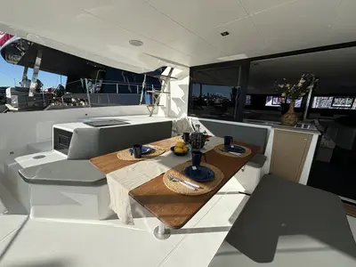 Deck of Siente El Mar, a Dufour 48 Catamaran catamaran at Ibiza, Spain
