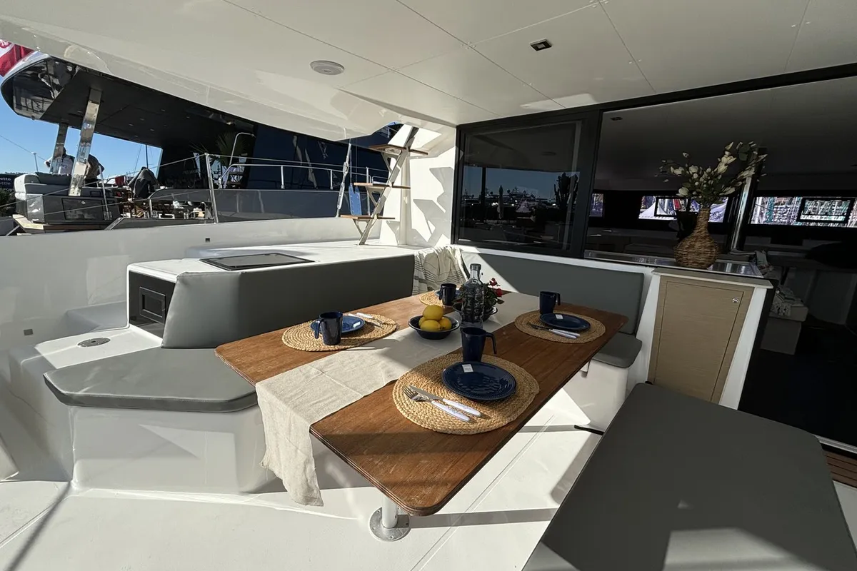 Deck of Siente El Mar, a Dufour 48 Catamaran catamaran at Ibiza, Spain