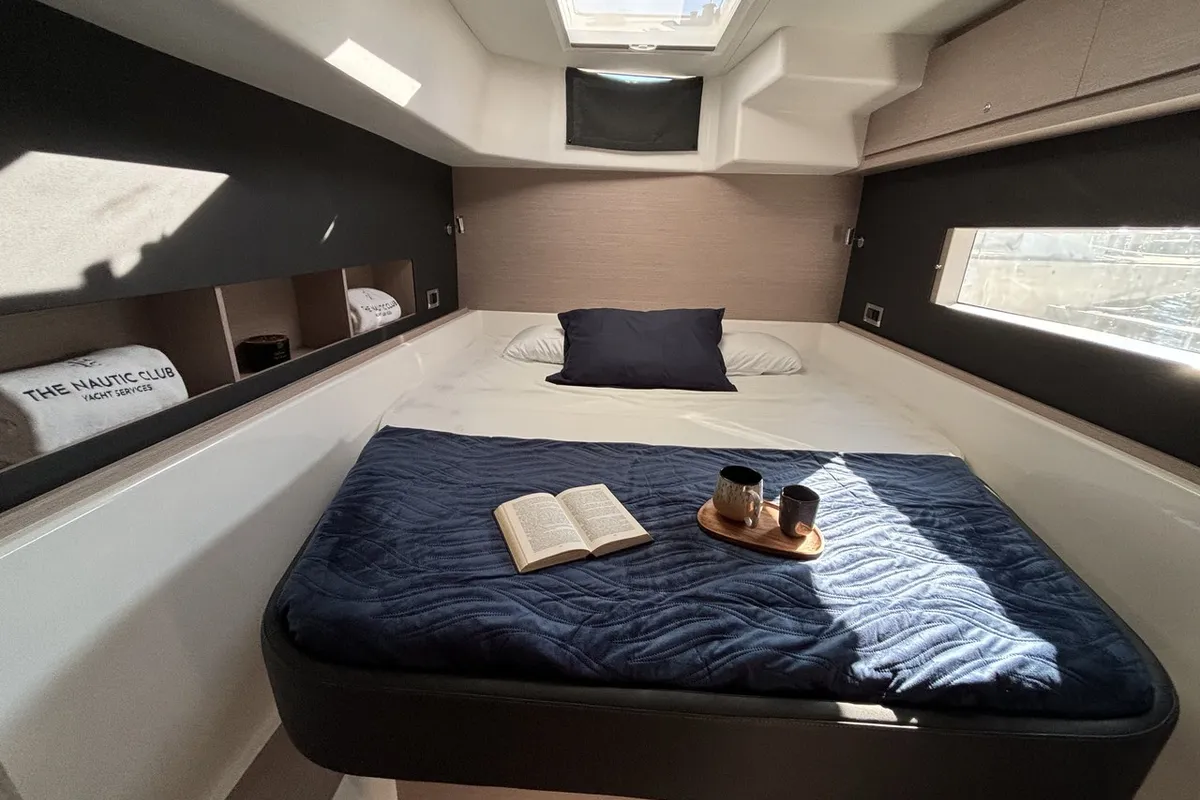 Cabin on Siente El Mar, a Dufour 48 Catamaran catamaran at Ibiza, Spain