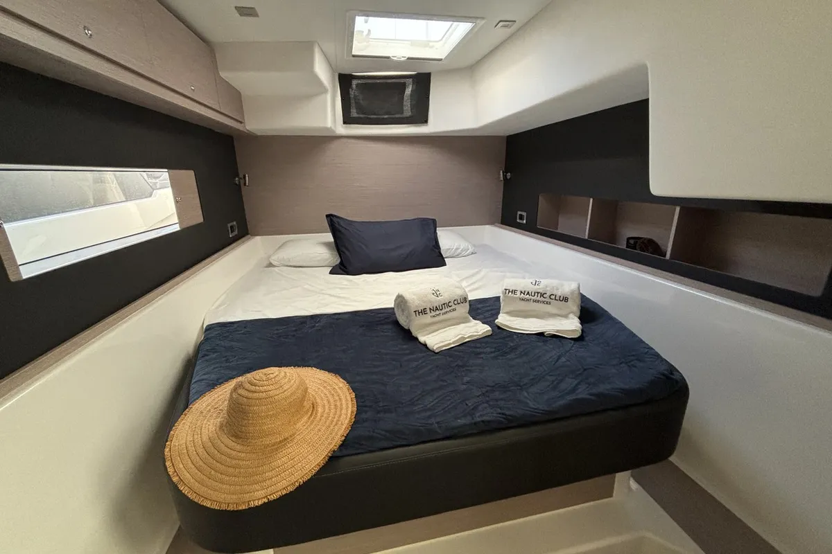 Cabin on Siente El Mar, a Dufour 48 Catamaran catamaran at Ibiza, Spain