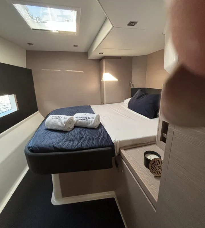 Cabin on Siente El Mar, a Dufour 48 Catamaran catamaran at Ibiza, Spain