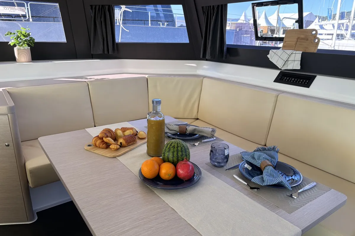Salon of Siente El Mar, a Dufour 48 Catamaran catamaran at Ibiza, Spain