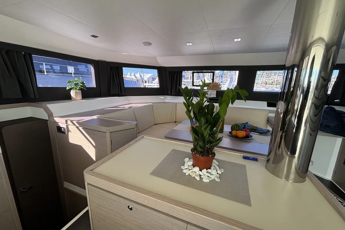 Salon of Siente El Mar, a Dufour 48 Catamaran catamaran at Ibiza, Spain