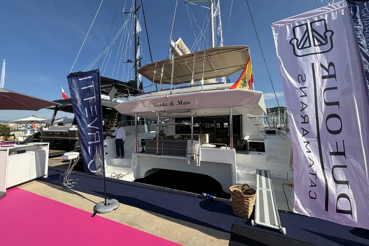 Exterior view of Siente El Mar, a Dufour 48 Catamaran catamaran at Ibiza, Spain