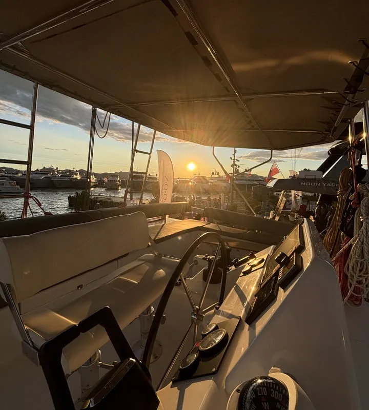 Cockpit of Siente El Mar, a Dufour 48 Catamaran catamaran at Ibiza, Spain