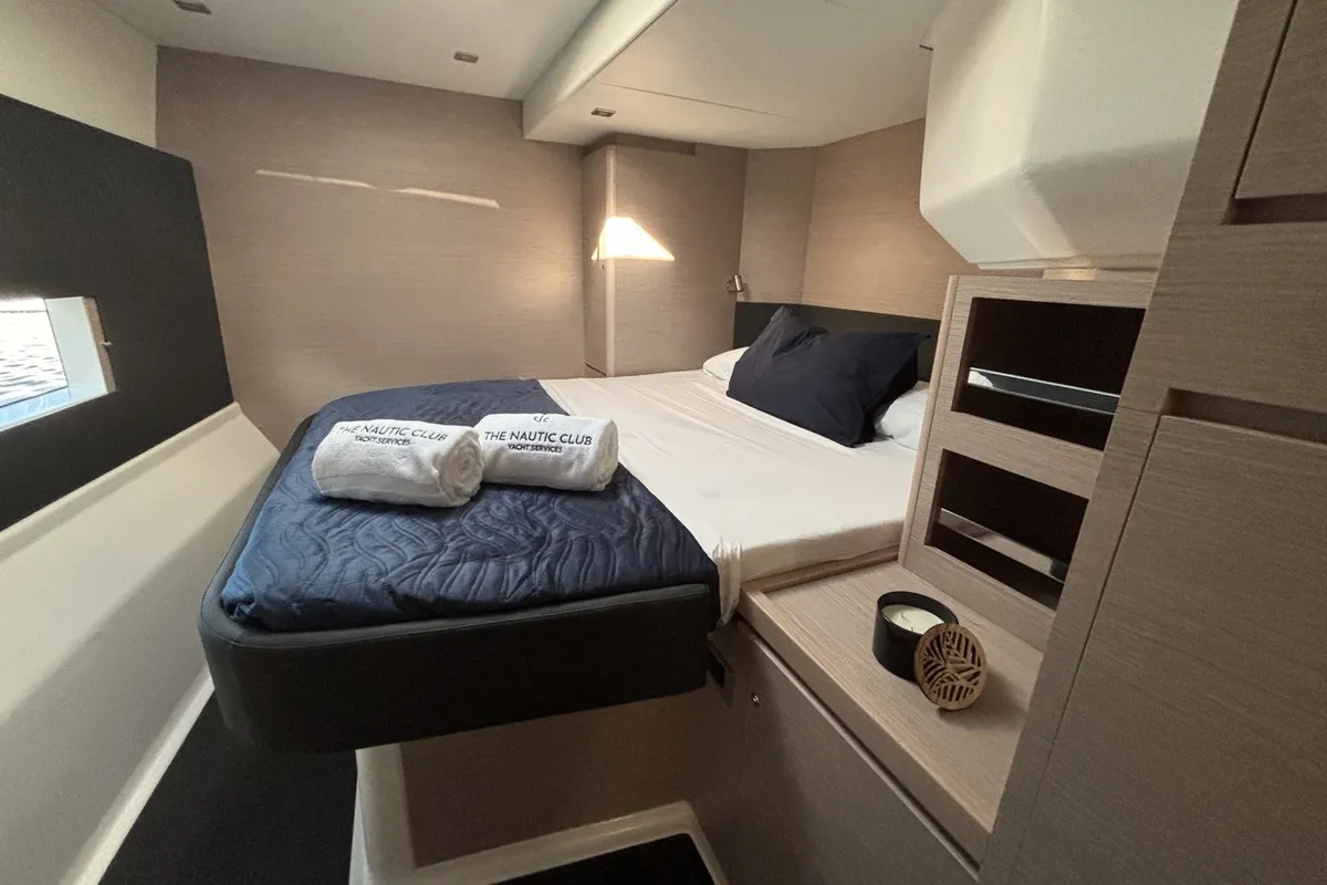 Cabin on Siente El Mar, a Dufour 48 Catamaran catamaran at Ibiza, Spain