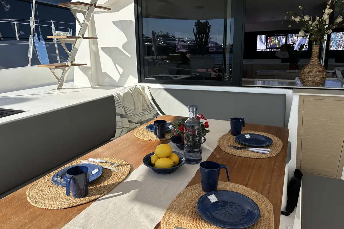 Deck of Siente El Mar, a Dufour 48 Catamaran catamaran at Ibiza, Spain