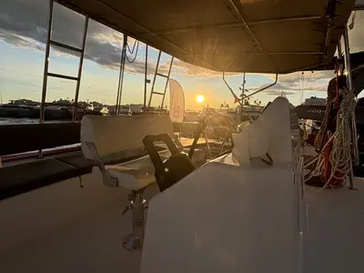 Cockpit of Siente El Mar, a Dufour 48 Catamaran catamaran at Ibiza, Spain
