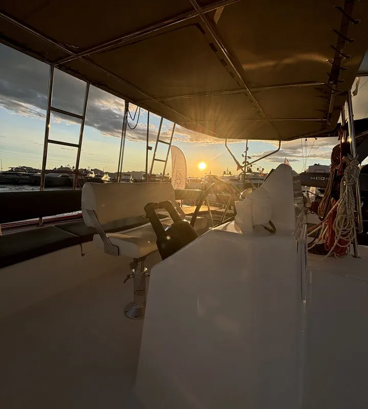 Cockpit of Siente El Mar, a Dufour 48 Catamaran catamaran at Ibiza, Spain