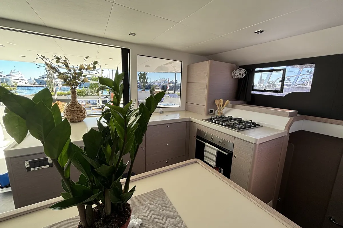 Galley of Siente El Mar, a Dufour 48 Catamaran catamaran at Ibiza, Spain