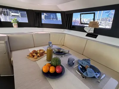 Salon of Siente El Mar, a Dufour 48 Catamaran catamaran at Ibiza, Spain