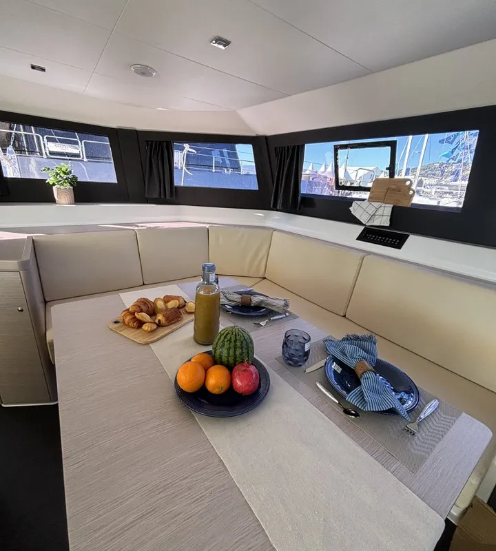 Salon of Siente El Mar, a Dufour 48 Catamaran catamaran at Ibiza, Spain
