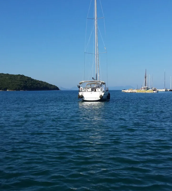 Exterior view of Aesthesis, a Bavaria Cruiser 46 sailboat at Lefkada, Greece