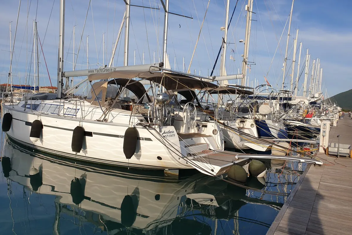 Exterior view of Aesthesis, a Bavaria Cruiser 46 sailboat at Lefkada, Greece