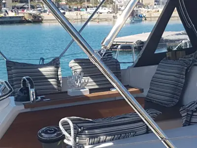 Deck of Aesthesis, a Bavaria Cruiser 46 sailboat at Lefkada, Greece