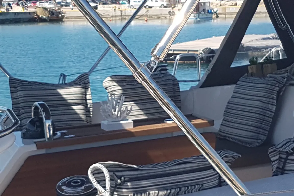 Deck of Aesthesis, a Bavaria Cruiser 46 sailboat at Lefkada, Greece