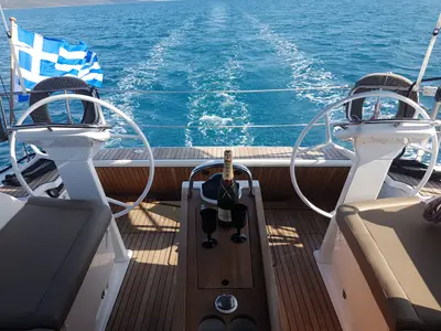 Cockpit of Aesthesis, a Bavaria Cruiser 46 sailboat at Lefkada, Greece