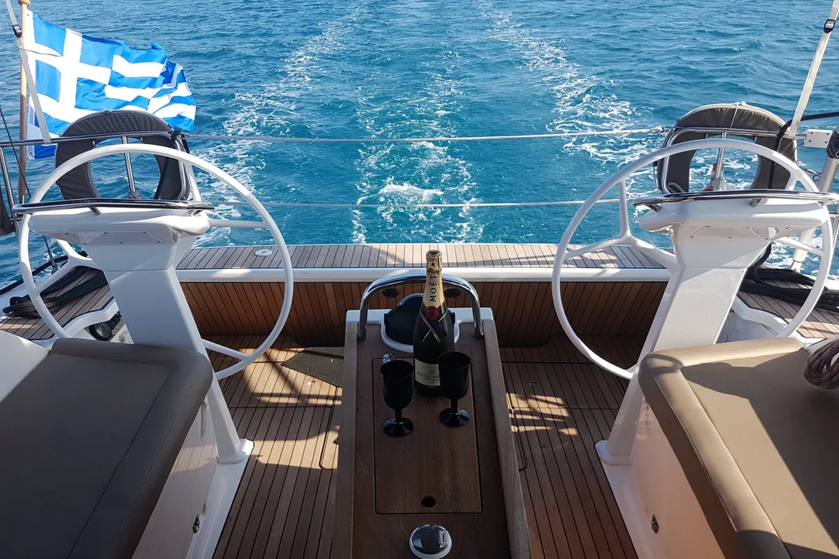 Cockpit of Aesthesis, a Bavaria Cruiser 46 sailboat at Lefkada, Greece