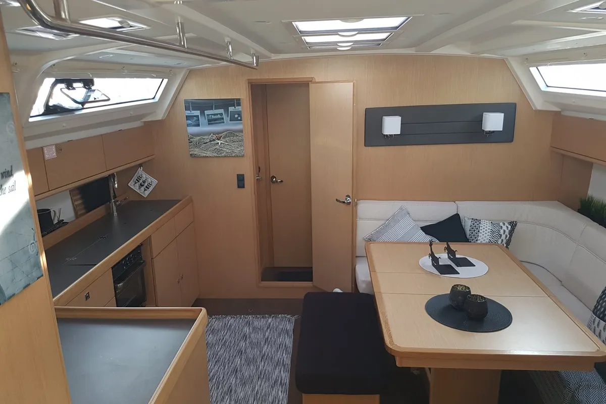 Salon of Aesthesis, a Bavaria Cruiser 46 sailboat at Lefkada, Greece