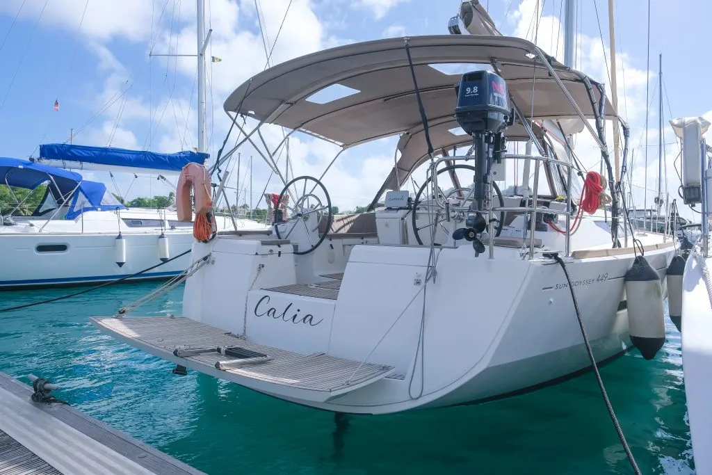 Calia, a Jeanneau Sun Odyssey 449 sailboat at Ribishi, Saint Vincent and the Grenadines