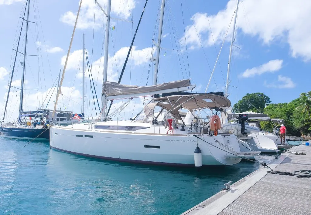 Calia, a Jeanneau Sun Odyssey 449 sailboat at Ribishi, Saint Vincent and the Grenadines