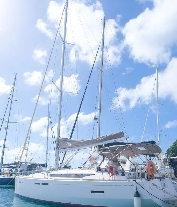 Calia, a Jeanneau Sun Odyssey 449 sailboat at Ribishi, Saint Vincent and the Grenadines