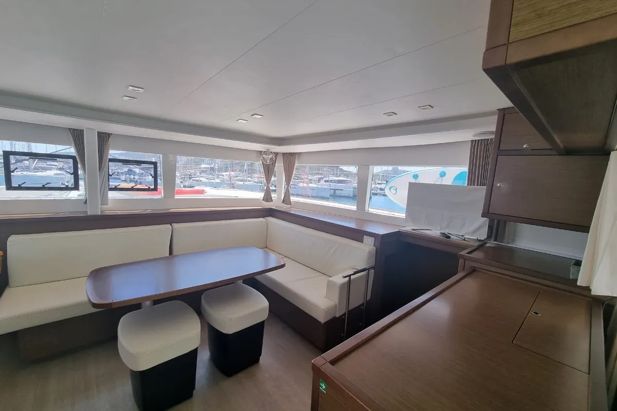 Salon of SoulMate, a Lagoon 450 F catamaran at Lavrion, Greece