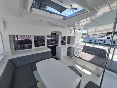 Deck of SoulMate, a Lagoon 450 F catamaran at Lavrion, Greece