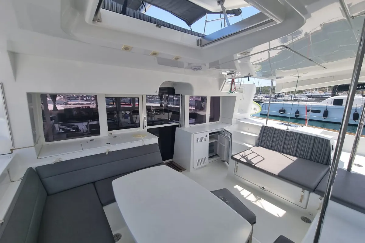 Deck of SoulMate, a Lagoon 450 F catamaran at Lavrion, Greece