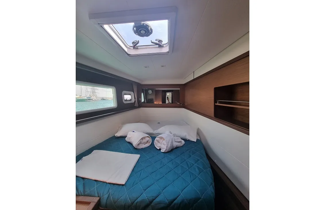 Cabin on SoulMate, a Lagoon 450 F catamaran at Lavrion, Greece