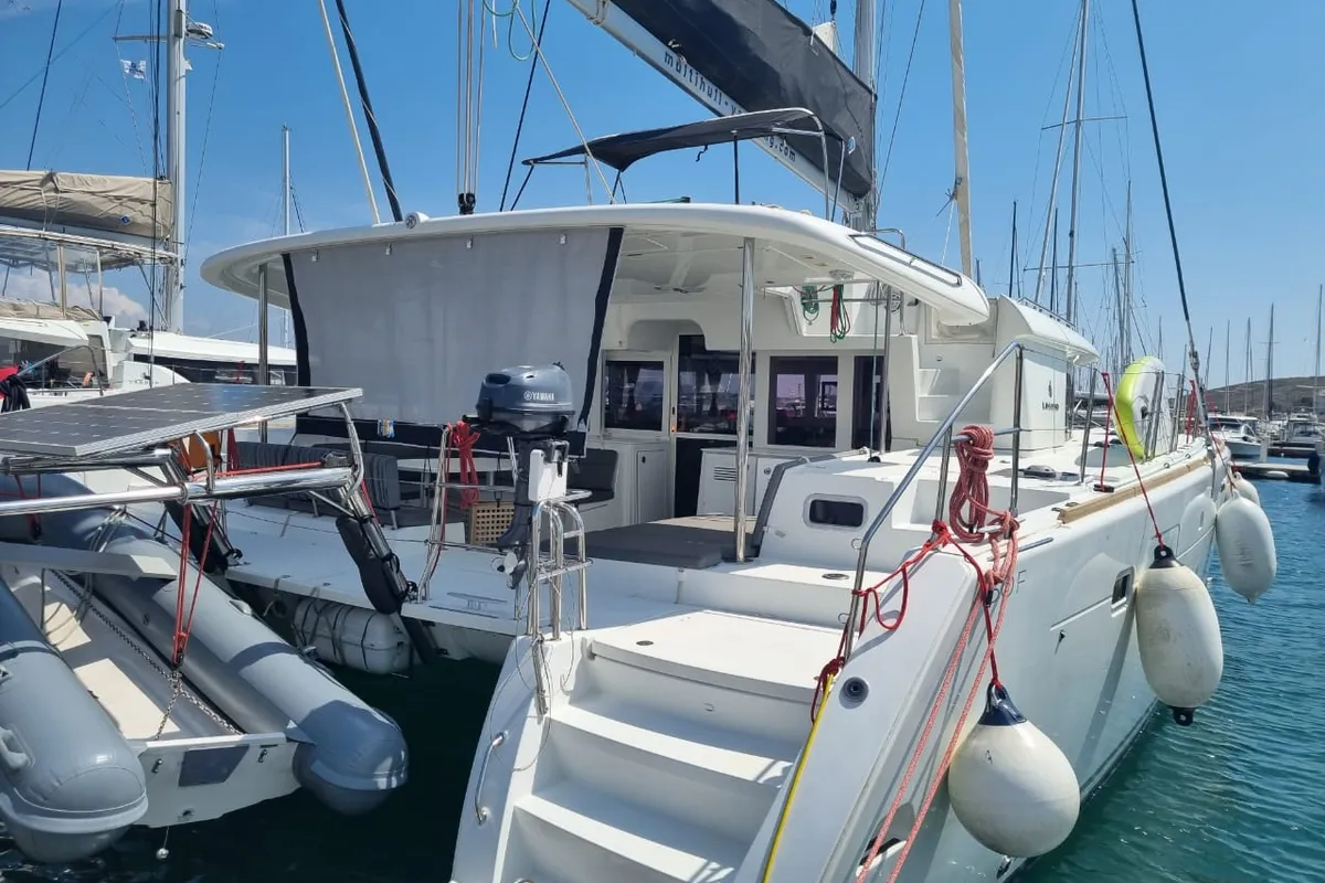 Exterior view of SoulMate, a Lagoon 450 F catamaran at Lavrion, Greece