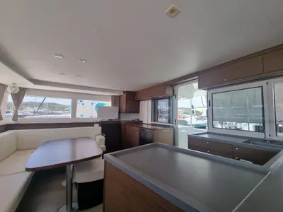 Salon of SoulMate, a Lagoon 450 F catamaran at Lavrion, Greece