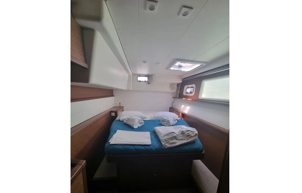 Cabin on SoulMate, a Lagoon 450 F catamaran at Lavrion, Greece