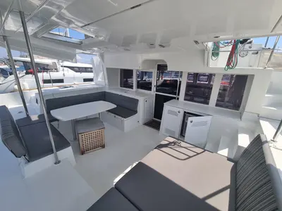 Deck of SoulMate, a Lagoon 450 F catamaran at Lavrion, Greece