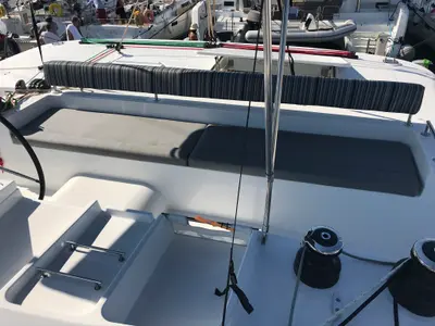 Cockpit of SoulMate, a Lagoon 450 F catamaran at Lavrion, Greece