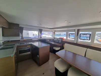 Galley of SoulMate, a Lagoon 450 F catamaran at Lavrion, Greece