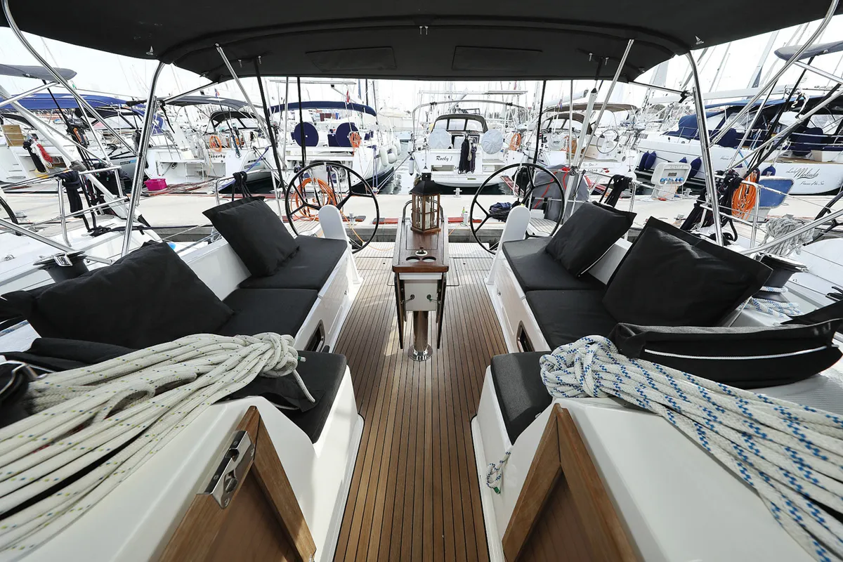 Deck of silence four, a Bavaria Cruiser 46 sailboat at Grad Biograd na Moru, Croatia