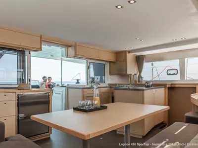 Galley of Lagoon 450 Sport, a catamaran at Roche Caiman, Seychelles