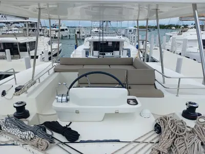Cockpit of Sapphire Seas, a Lagoon 51 catamaran at Central Abaco, Bahamas