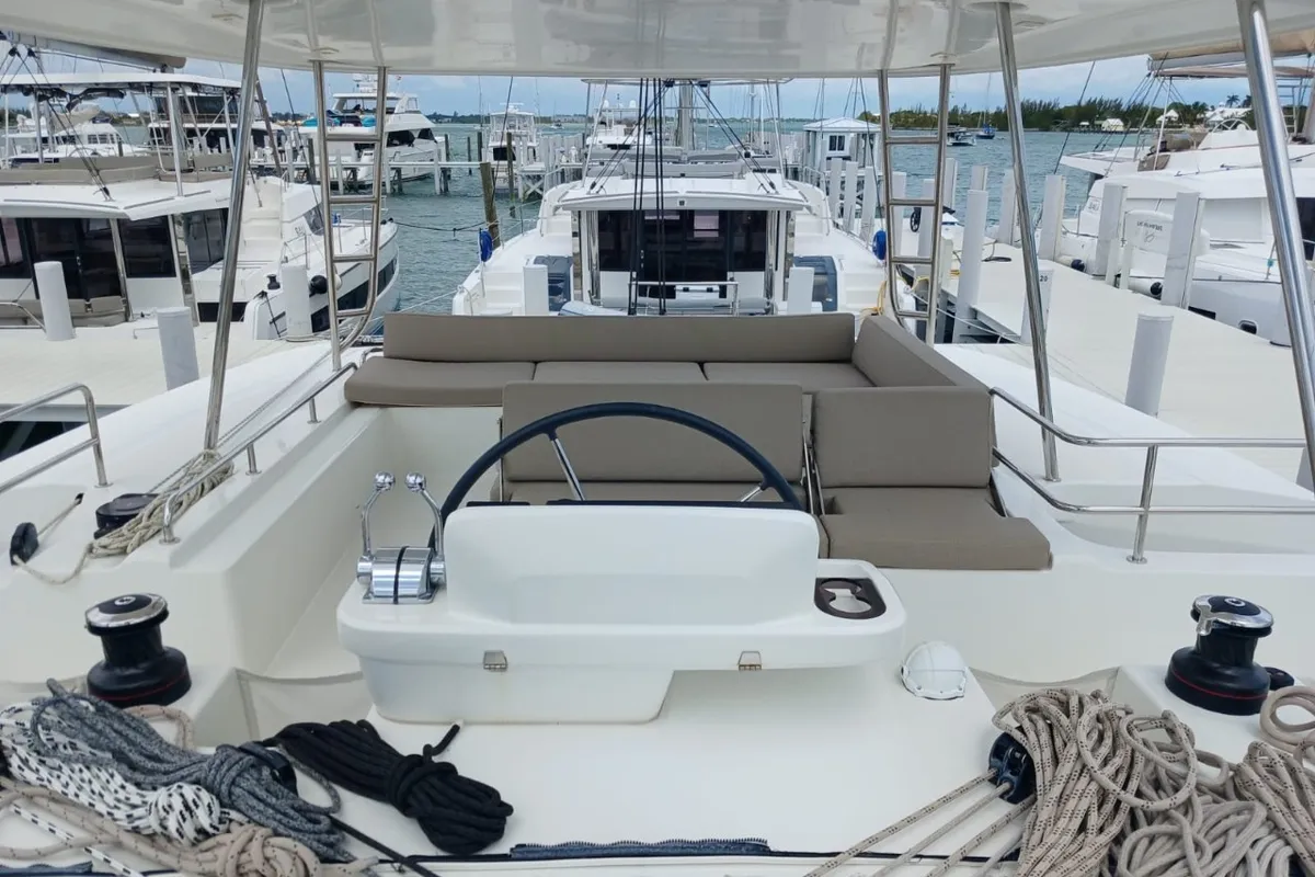 Cockpit of Sapphire Seas, a Lagoon 51 catamaran at Central Abaco, Bahamas