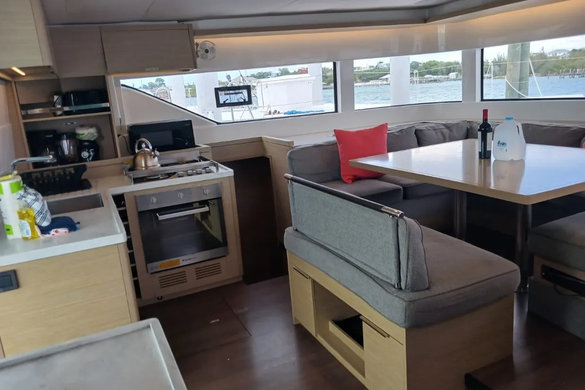 Salon of Sapphire Seas, a Lagoon 51 catamaran at Central Abaco, Bahamas