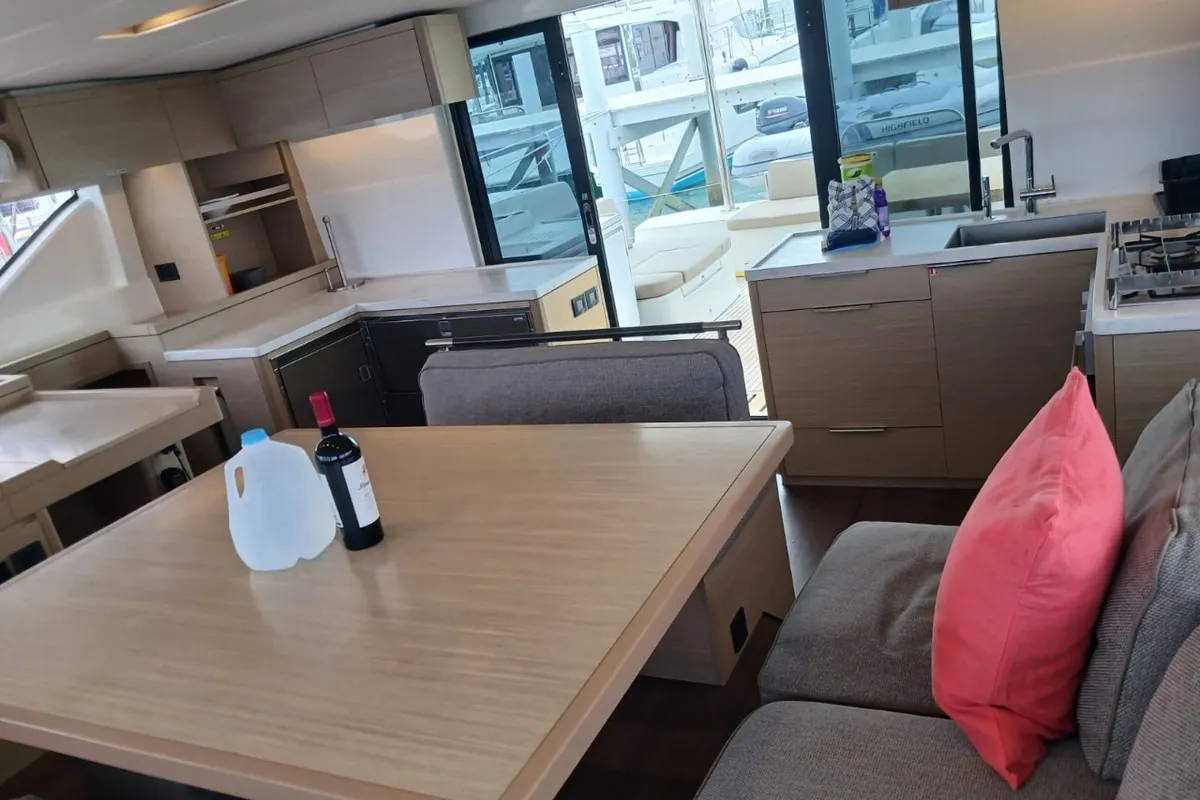 Salon of Sapphire Seas, a Lagoon 51 catamaran at Central Abaco, Bahamas