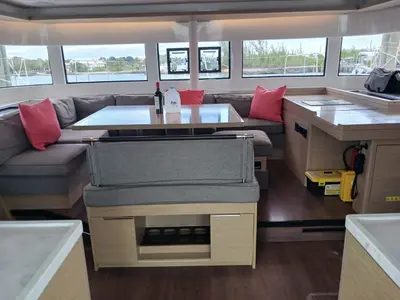 Salon of Sapphire Seas, a Lagoon 51 catamaran at Central Abaco, Bahamas