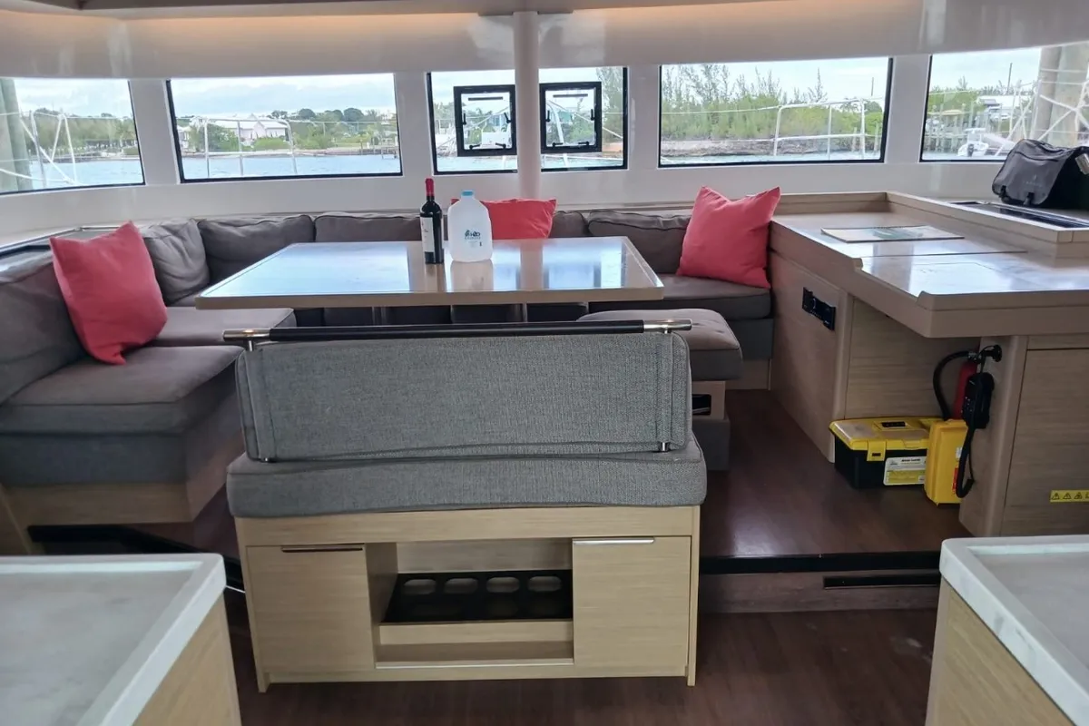 Salon of Sapphire Seas, a Lagoon 51 catamaran at Central Abaco, Bahamas