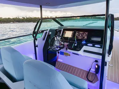 Cockpit of Saxdor 320 GTO, a Saxdor 320 GTO motorboat at Grad Trogir, Croatia