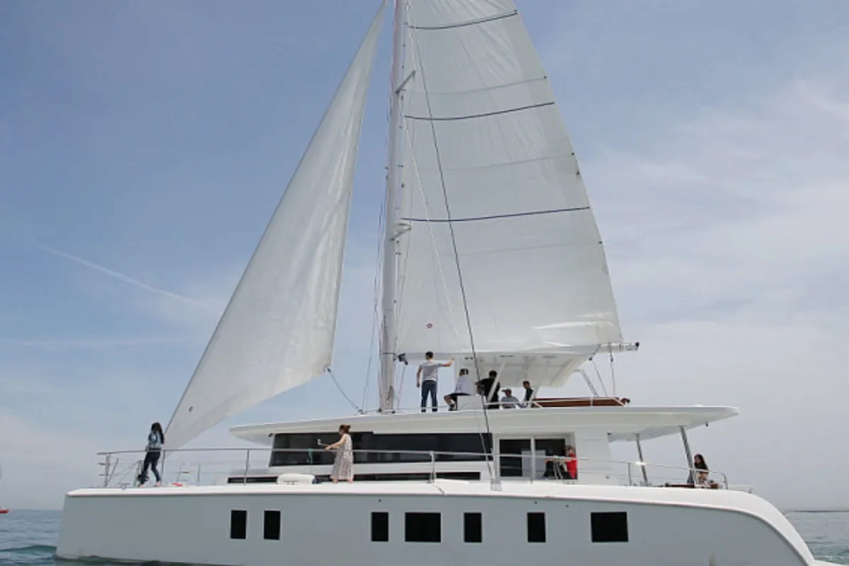 Exterior view of Andaman Discovery 5, a Mazarin 55 catamaran at Mai Khao, Thailand